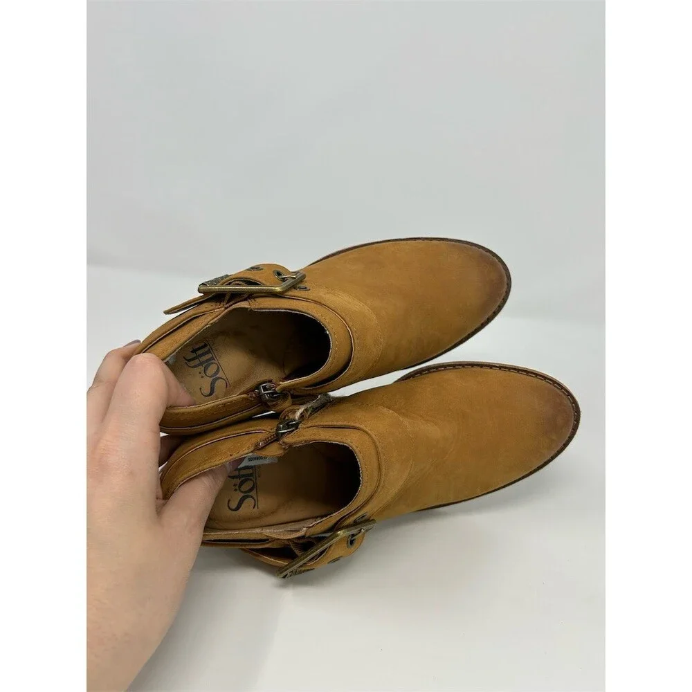 Sofft Ankle Booties Brown Tan Camel Side Zip Buckle Strap Round Toe Block Size 6